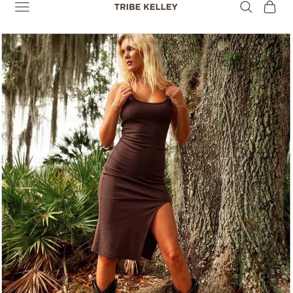 Tribe Kelley Brown Ribbed Spaghetti Strap Maxi Dress Side Slit Size S Expresso